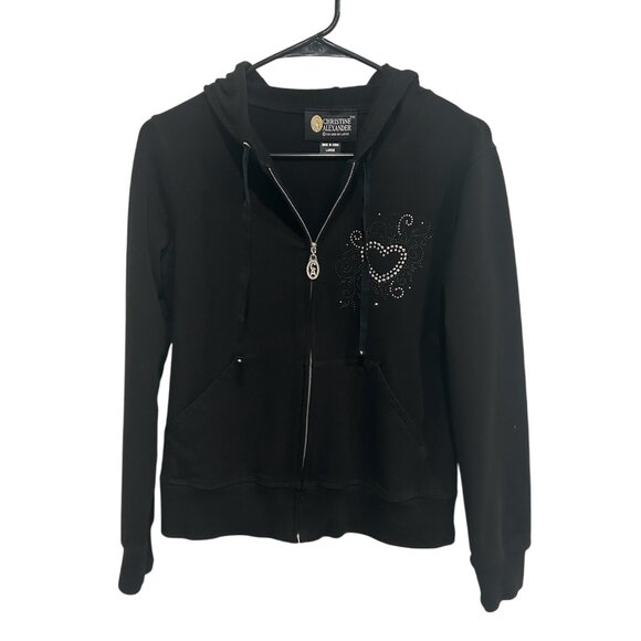 Christine Alexander Black Hoodie Full Zip Rhinestone Heart Size L Street Style - Picture 1 of 9